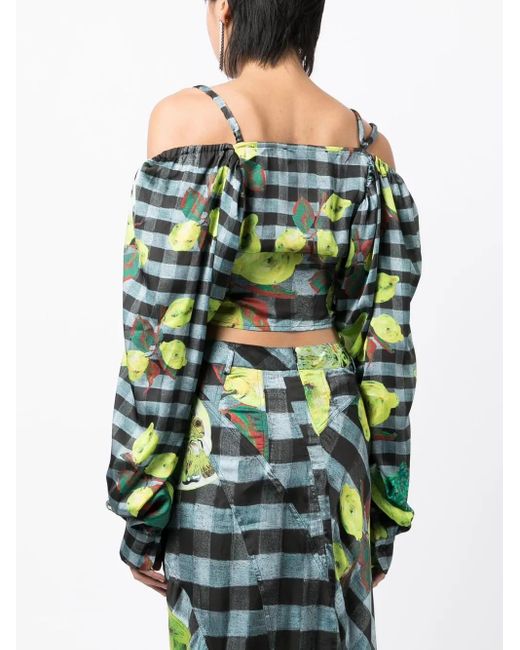 OTTOLINGER Green Lemon-Checked-Print Off-Shoulder Top