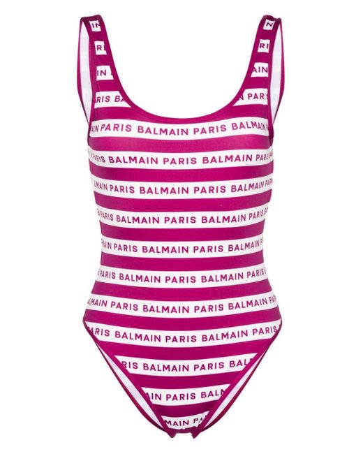 Maillot de bain rayé à logo imprimé Balmain en coloris Pink
