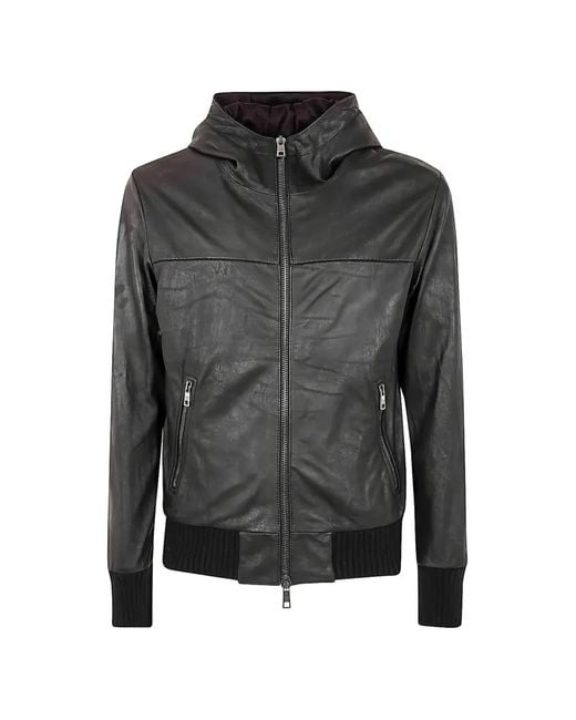 Giorgio Brato Black Hooded Leather Jacket for men