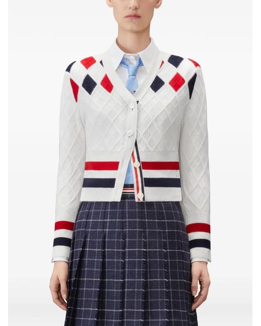 Thom Browne White Argyle-Pattern Cardigan
