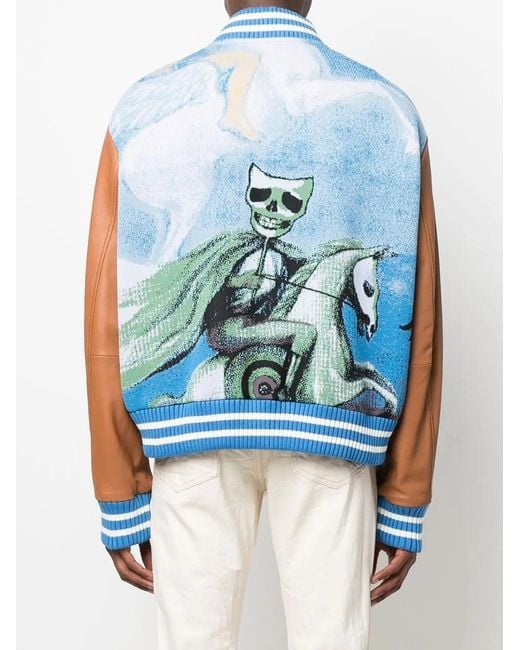 424 Blue Jacquard-Print Leather-Sleeve Bomber Jacket for men