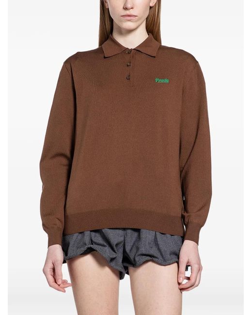 Prada Brown Logo-Embroidered Long-Sleeve Polo Shirt