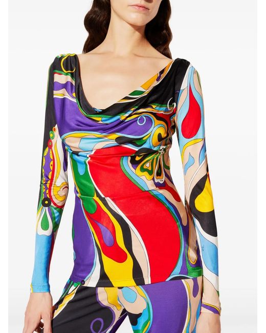 Emilio Pucci Red Cowl-Neck Abstract Print Blouse
