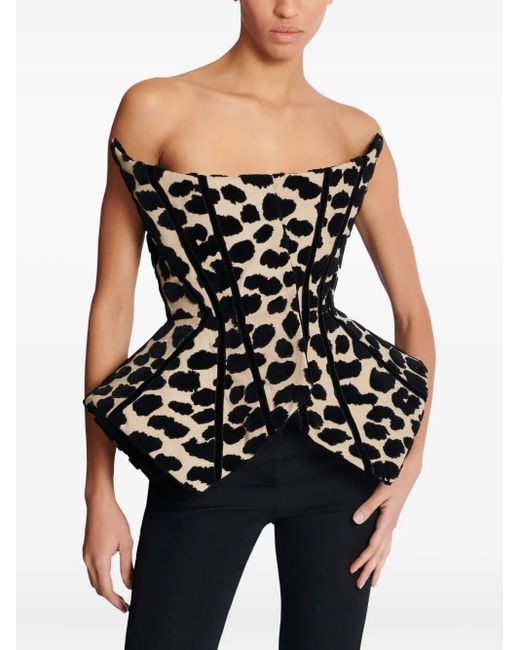 Balmain Black Leopard-Print Structured-Corset Blouse