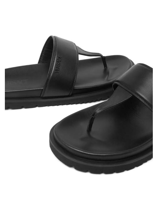 Versace Black Logo-Embossed Leather Sandals for men