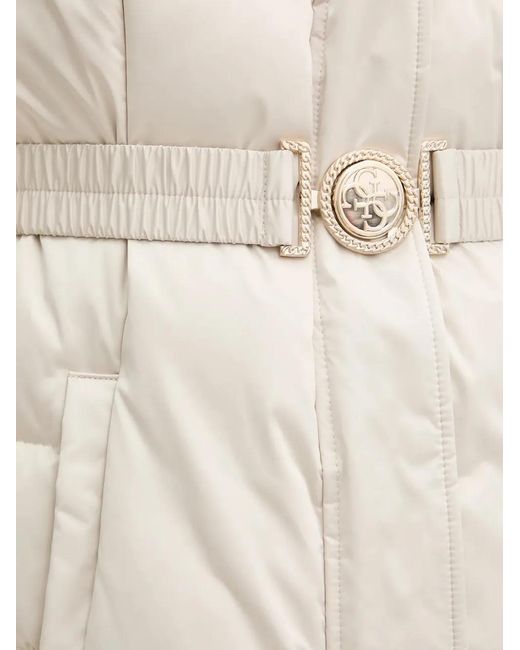 Guess White Fur Hooded Belted Jacket
