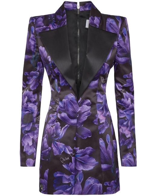 Philipp Plein Blue Duchesse Floral-Print Minidress