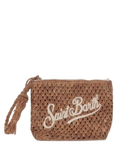 Mc2 Saint Barth Brown Raffia Perforated Logo-Lettering Clutch Bag