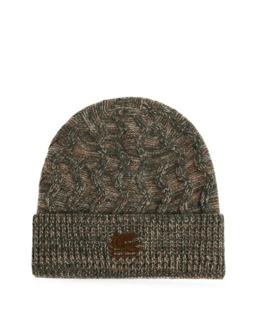 Etro Green Cable-Knit Embroidered-Logo Beanie Hat for men