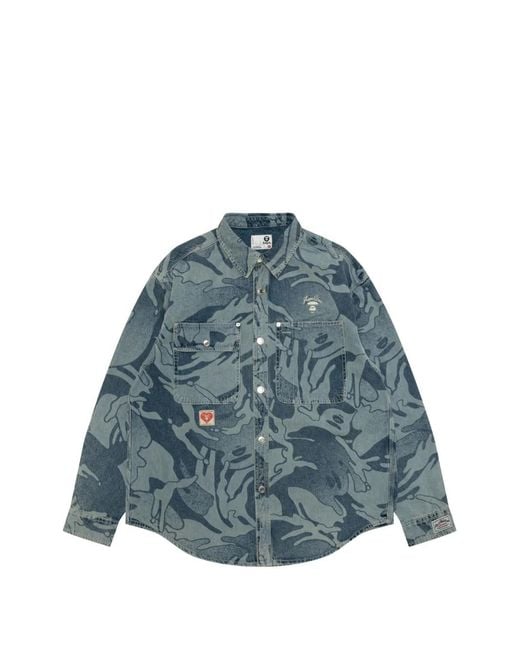 Aape By A Bathing Ape Blue Aapeunvs Buttoned Print Shirt for men