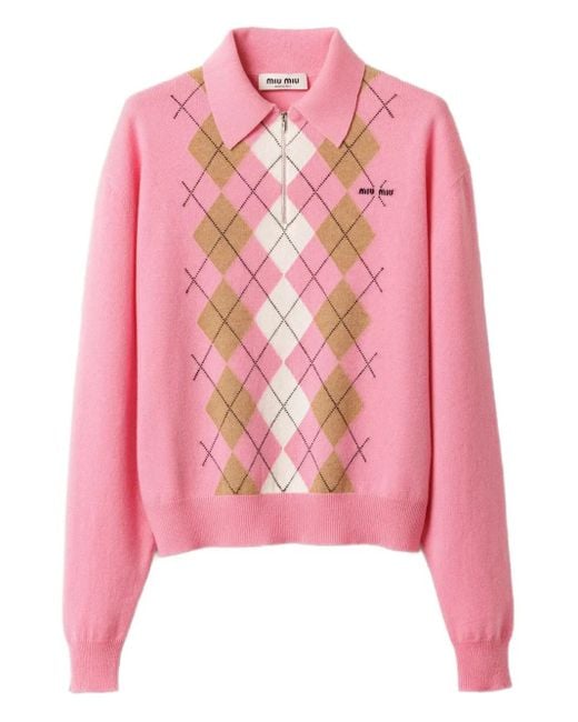Miu Miu Pink Intarsien-Pullover Mit Argyle-Muster