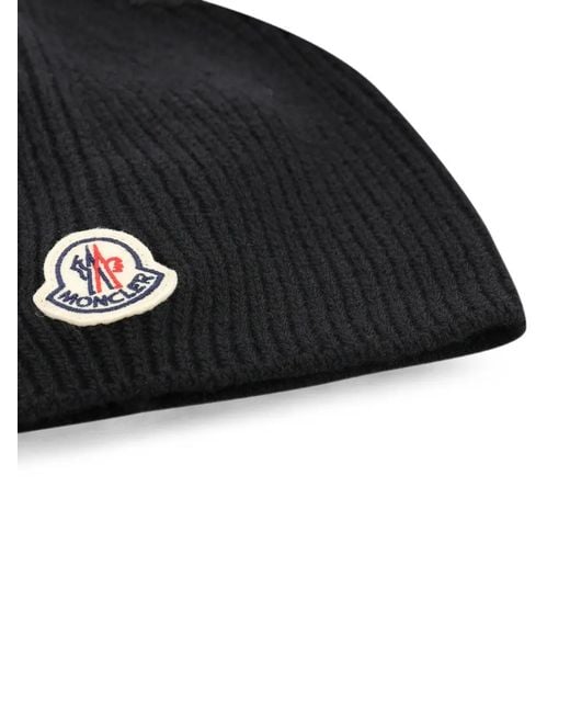 Moncler Black Logo-Patch Ribbed-Knit Beanie Hat for men