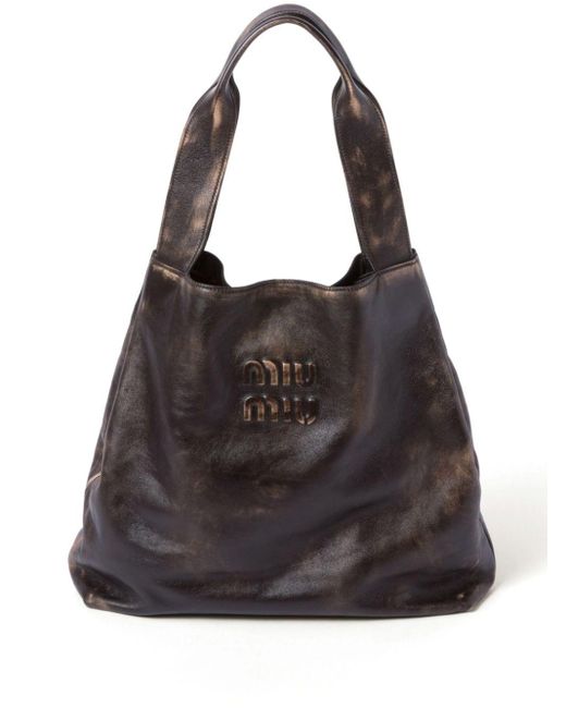 Miu Miu Black Logo-embossed Leather Tote Bag