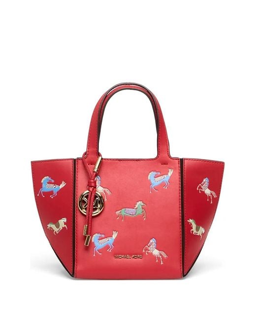 Michael Kors Red Jordi Horse-Print Leather Tote Bag