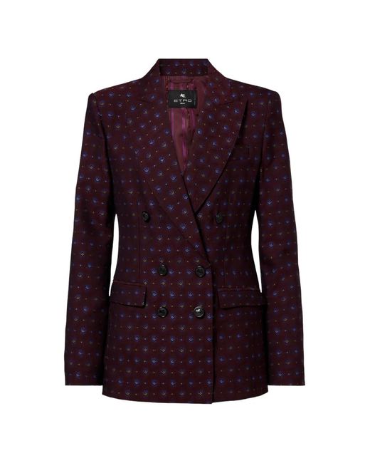Etro Purple Double-Breasted Jacquard-Pattern Blazer