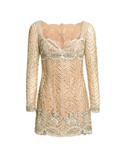 Elie Saab Natural Robe Courte À Perles Brodées