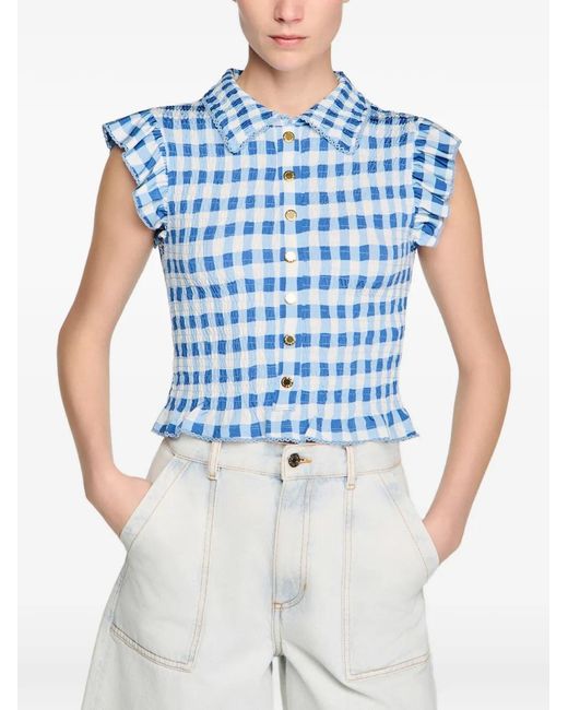 Sandro Blue Check Smocked Shirt