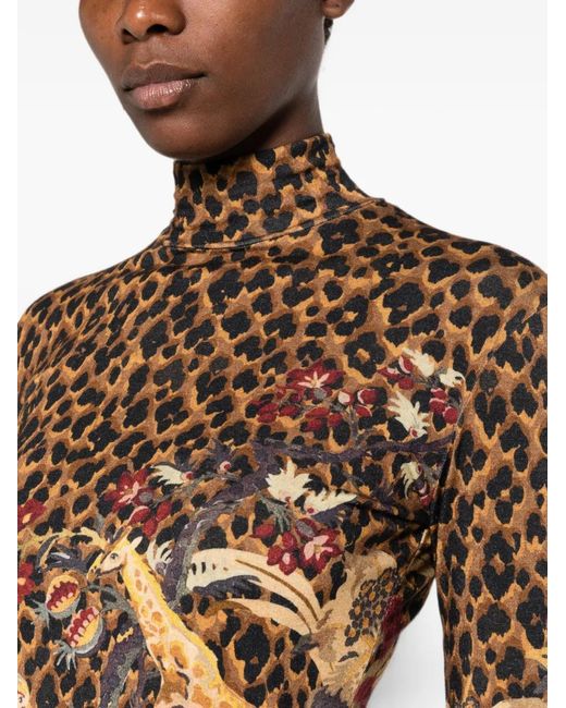 Etro Brown Leopard-Print Floral-Print Top
