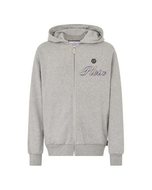 Philipp Plein Gray Embroidered-Logo Zip-Up Hoodie for men