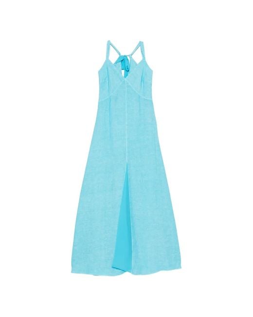 120% Lino Blue Gathered-Waist V-Neck Maxi Dress