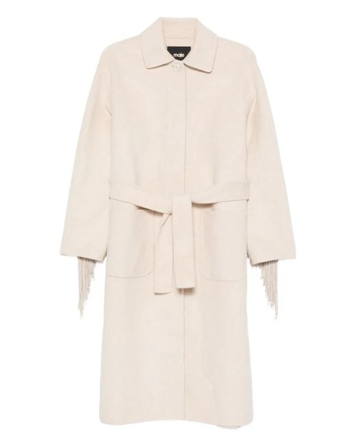 Maje Natural Fringe-Trimmed Belted Single-Breasted Coat