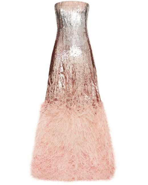 Oscar de la Renta Pink Sequined Feather-Trim Gown