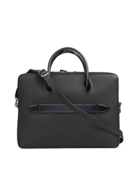 Santoni Black Grained Leather Laptop Bag for men