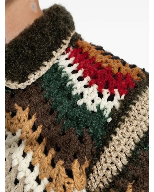 Sacai Black Crochet-Knit Chevron-Pattern Cardigan for men