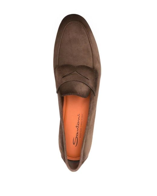 Santoni Brown Penny-Slot Suede Loafers for men