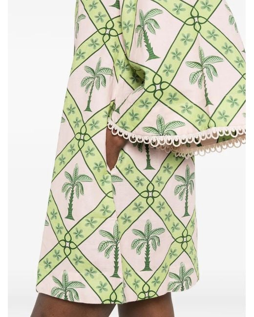 VERANDAH White Palm-Print Bell-Sleeve Mini Dress