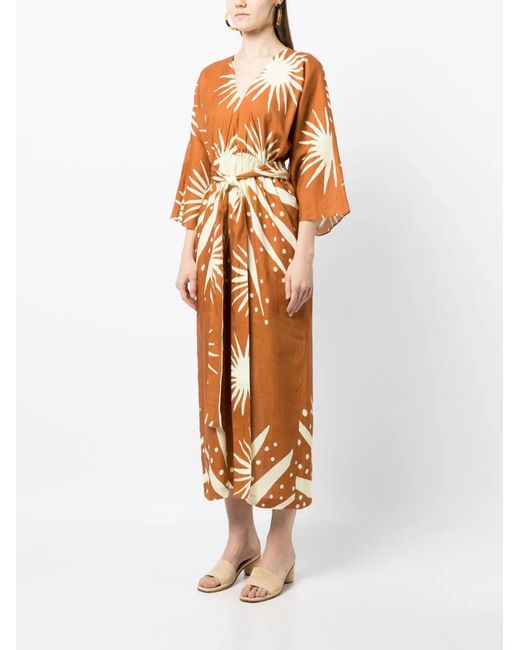 Cala De La Cruz Orange Graphic-Print Linen Dress