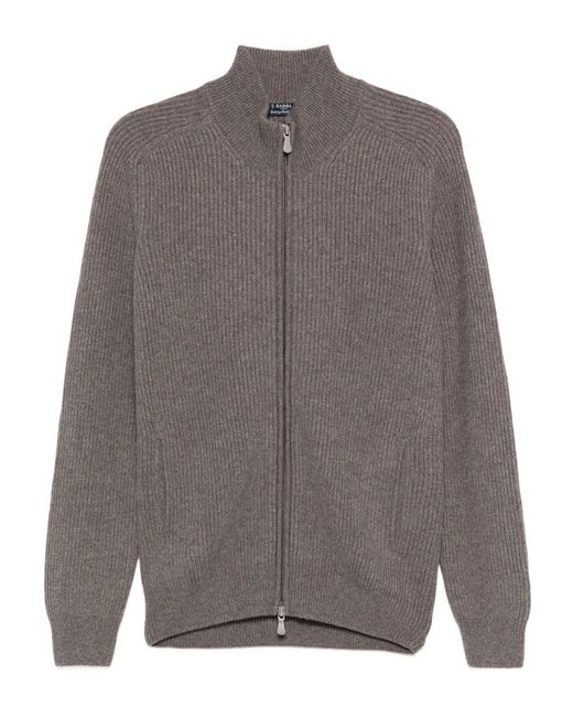 Barba Napoli Gray Ribbed Zip-Up Cardigan for men