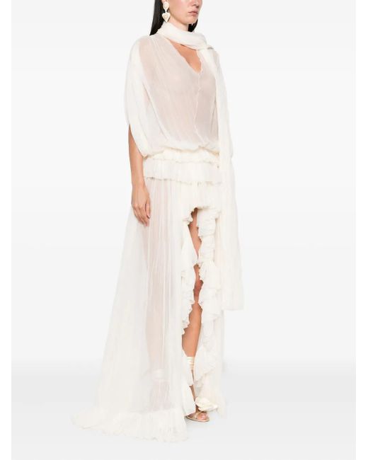 Blumarine White Pleated Ruffled Asymmetric Day Dress