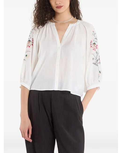 Desigual White Blouse À Fleurs Brodées
