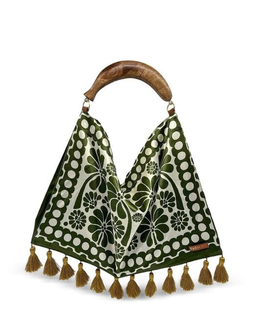 Farm Rio Green Small Jacquard-Tassels Floral-Print Tote Bag
