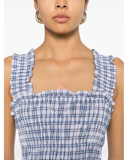 Maje Blue Check-Pattern Ruffled Top