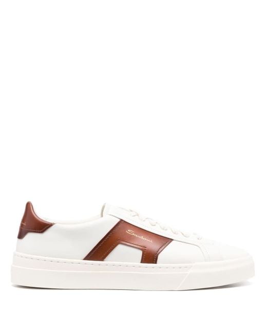 Santoni White Double Buckle Leather Sneakers for men