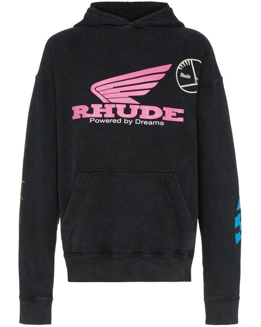 Rhude Black Logo Print Cotton Hoodie for men