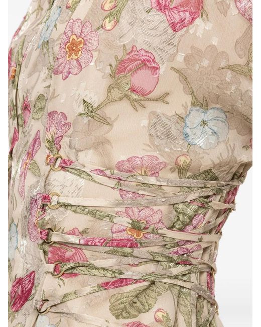 Nissa Natural Floral-Print Lace-Up Midi Dress