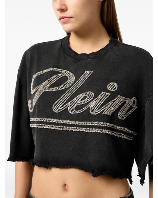 Philipp Plein Black Logo-Strass Cropped T-Shirt
