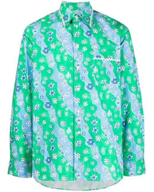 Marni Green Cotton Floral-Print Shirt for men
