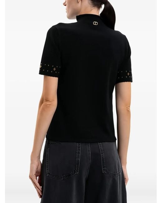 Twinset Black Mock-Neck Embellished T-Shirt