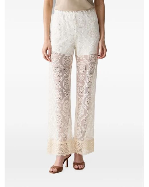 Haveone Natural Broderie-Anglaise Lace-Trim Straight Trousers