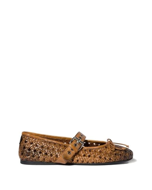 Miu Miu White Woven Buckle-Strap Ballet Flats