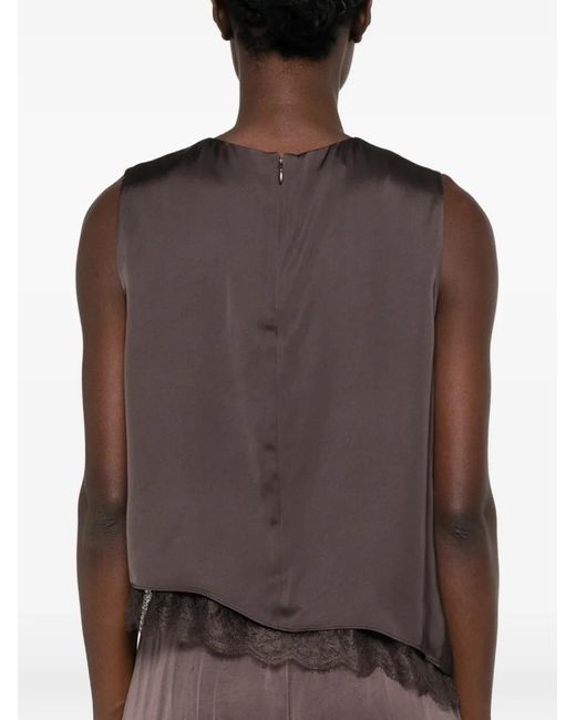 Vince Brown Lace-Trim Sleeveless Blouse
