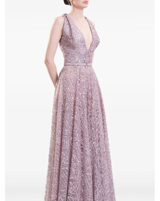 Saiid Kobeisy Purple Brocade V-Neck Maxi Dress