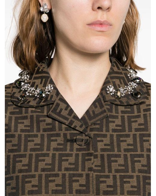 Fendi Brown Mantel mit Kristallen und FF-Muster