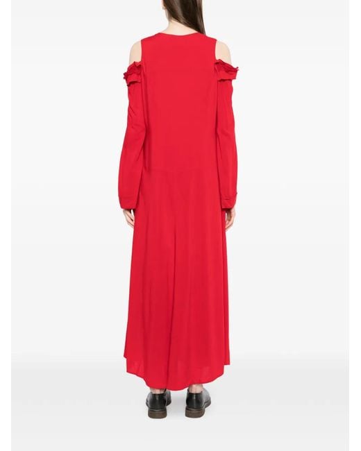 Yohji Yamamoto Red Crushed-Sleeves Maxi Dress