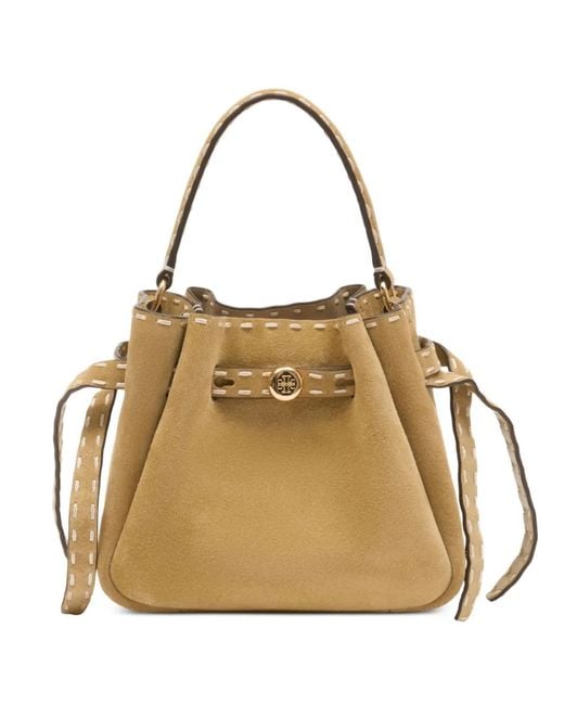 Tory Burch Natural Mini Romy Contrast-Stitch Suede Bucket Bag
