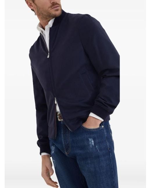Brunello Cucinelli Blue Cashmere Bomber Jacket for men
